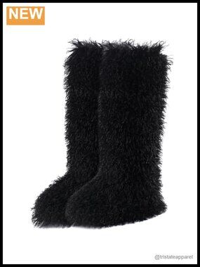 Faux Fur Tall Furry Winter Boots for Women Knee-High Slip-On Fluffy Cozy